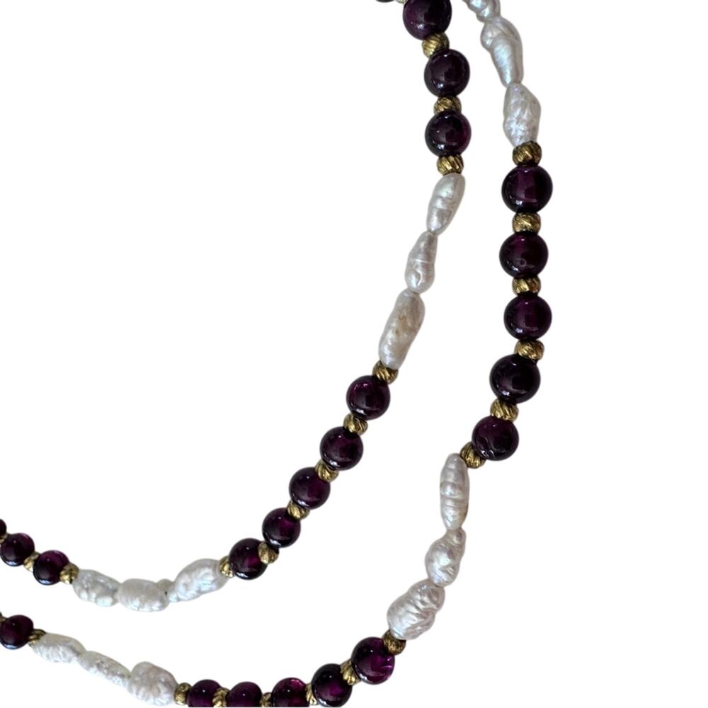 Vintage Rice Pearl Garnet Beaded Necklace Extra Long W/ Earrings Estate Jewelry